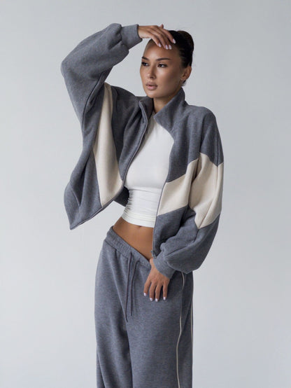 Women's Colorblock Zip Jacket Wide Leg Sweatpants Set