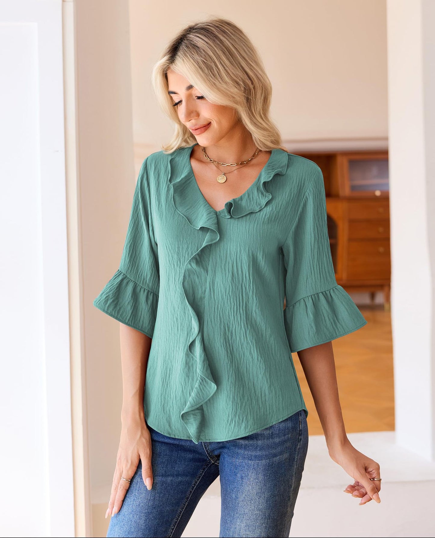 Ruffle V Neck 3/4 Sleeve Textured Blouse Top