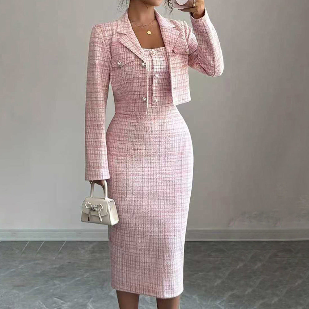 Women Elegant Tweed Blazer Dress 2 Piece Set