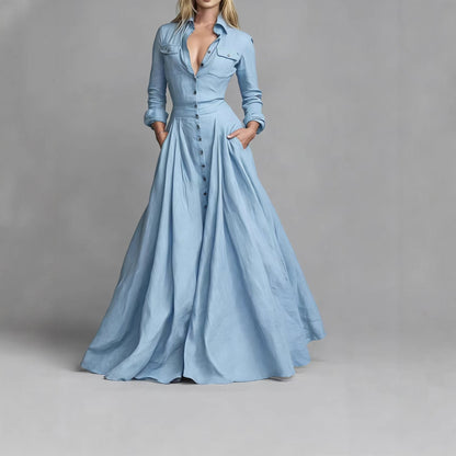 Women's Long Sleeve Collared Maxi Dress A-Line with Pockets