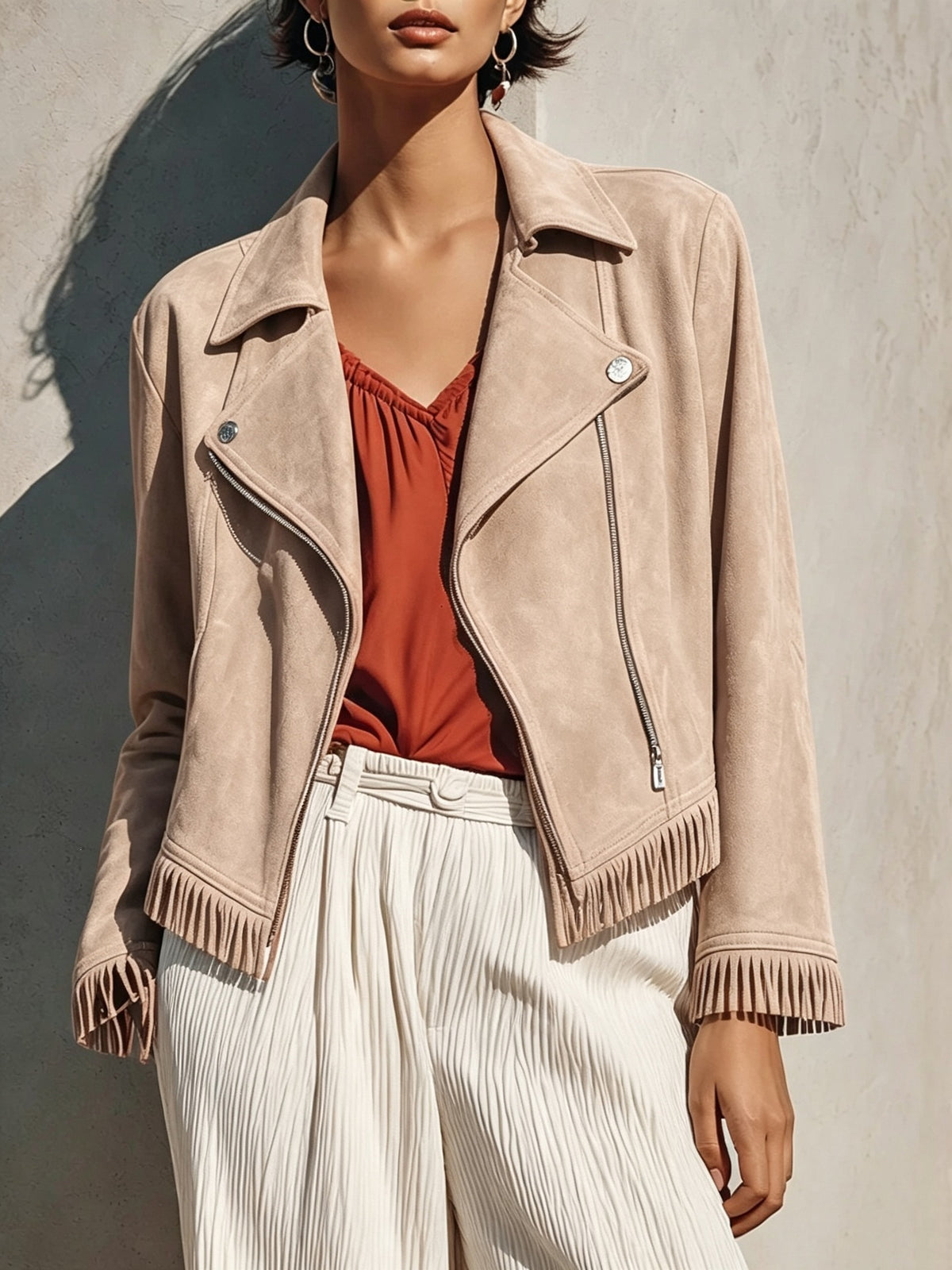Women's Faux Suede Fringe Moto Jacket Zip Up