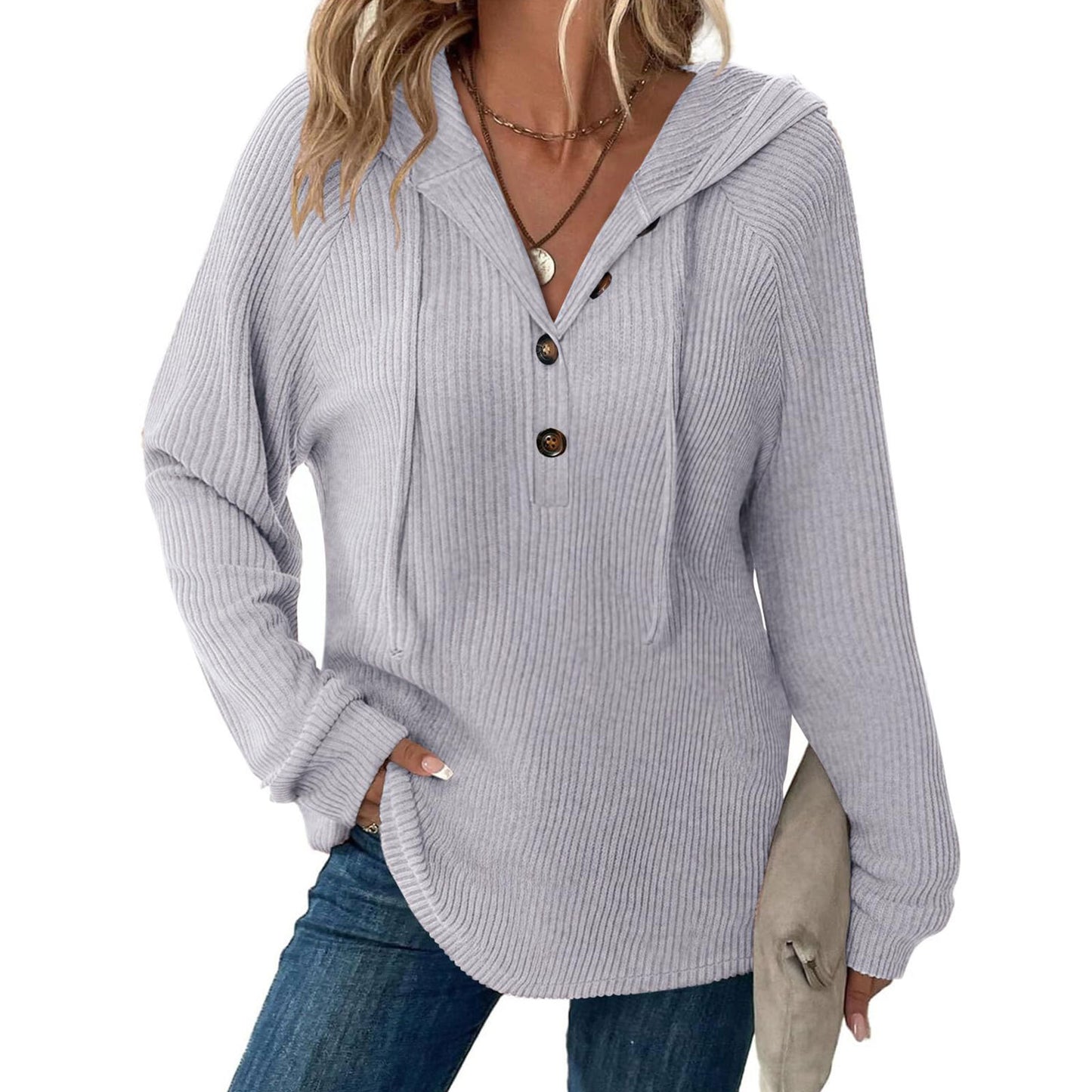 Women’s Knit Hooded Pullover Button V Neck Sweater