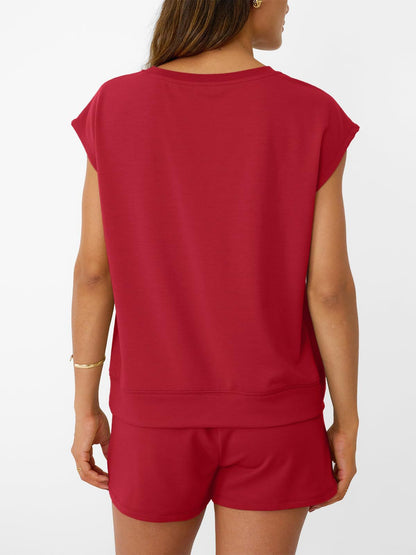 Solid Knit Shorts Set Crew Neck Pocket Lounge Outfit
