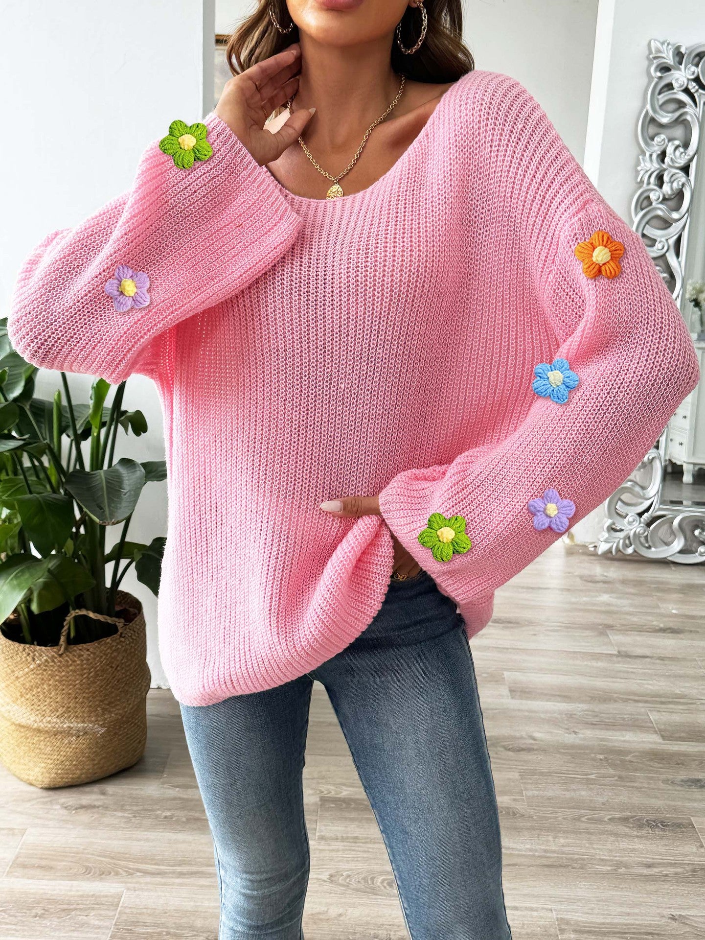 Off-Shoulder Knit Sweater with Crochet Flower Detail