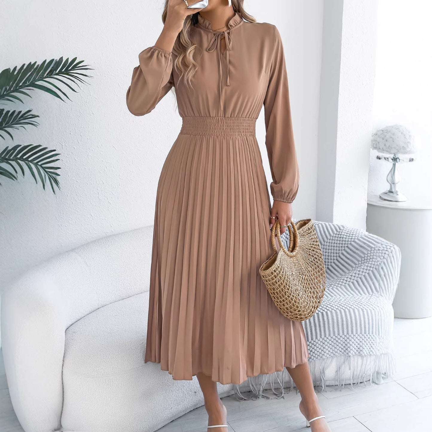 Pleated Chiffon Maxi Dress Elegant Tie Neck Long Sleeve