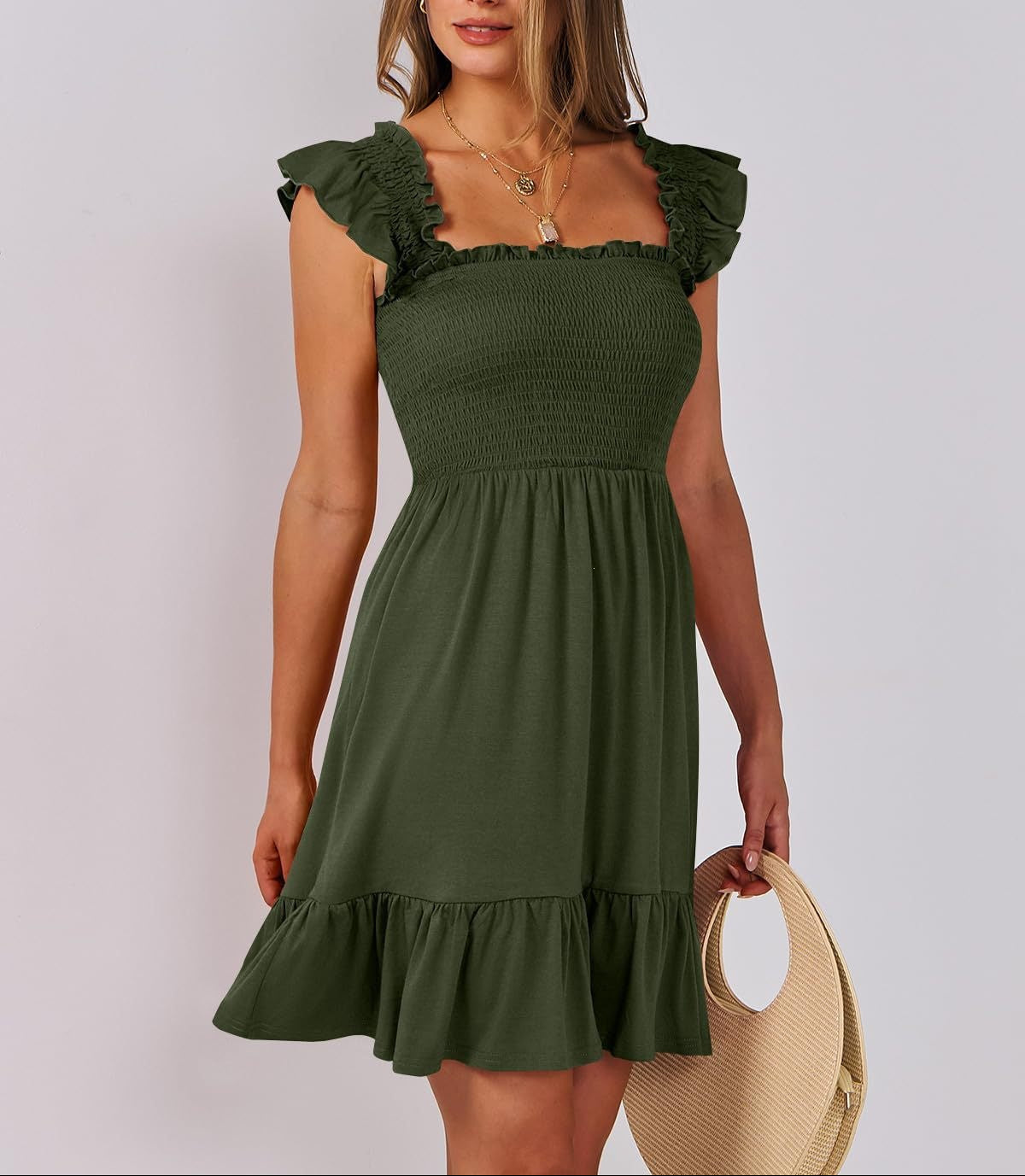 Smocked Square Neck Ruffle Sleeve Midi Dress