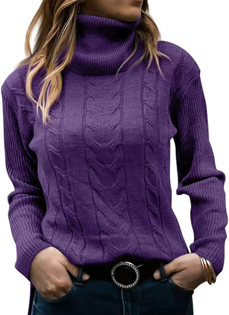 Women's Cable Knit Turtleneck Sweater Slim Fit Pullover