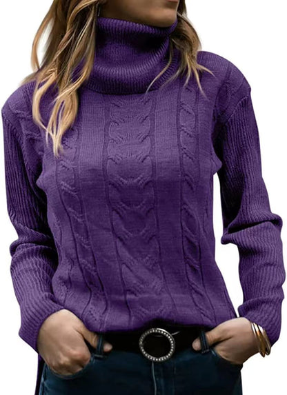 Women's Cable Knit Turtleneck Sweater Slim Fit Pullover