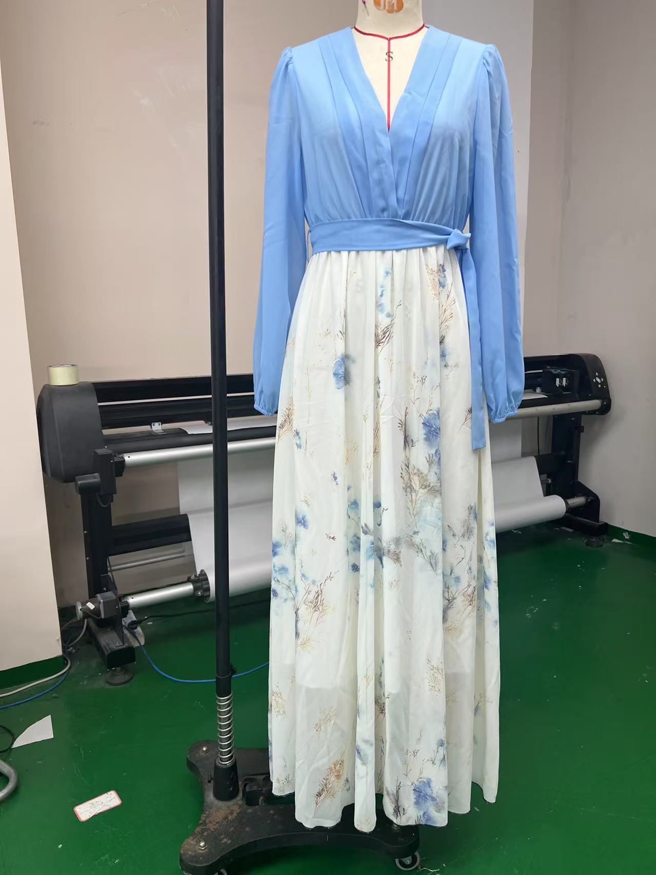 Floral Chiffon Maxi Dress Long Sleeve V-Neck Belted