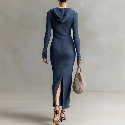 Hooded V Neck Button Front Ribbed Knit Maxi Dress