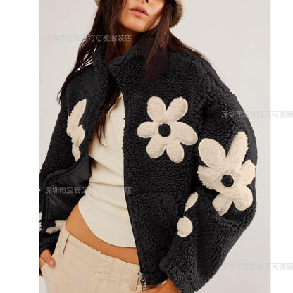 Oversized Floral Sherpa Zip-Up Fleece Jacket