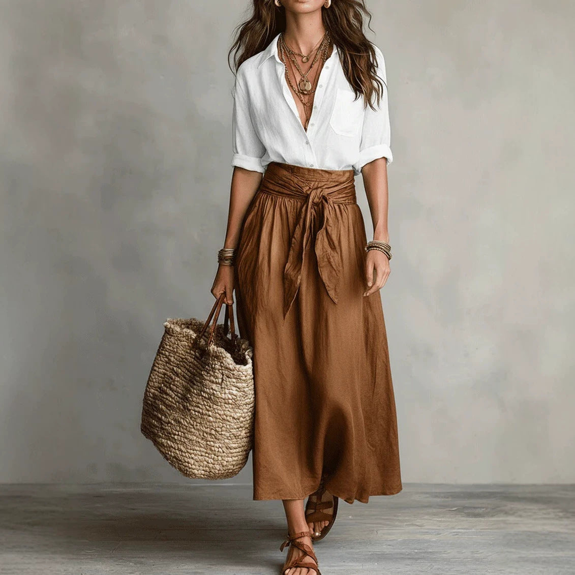 Women's Color Block Shirt & Skirt Two Piece Set