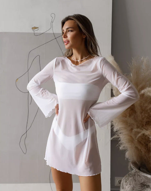 Women's Sheer Mesh Beach Cover Up Long Sleeve Dress