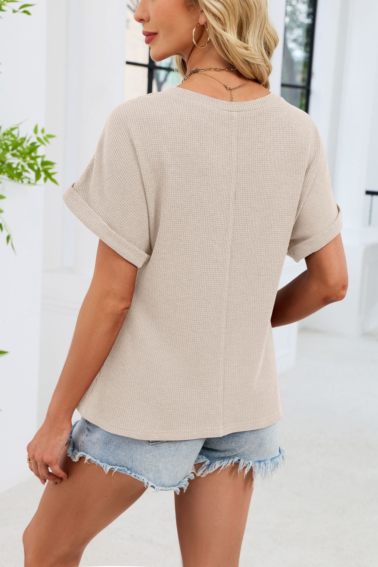 Crochet Lace Yoke Short Sleeve Waffle Knit Casual Top