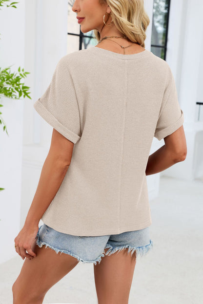 Crochet Lace Yoke Short Sleeve Waffle Knit Casual Top