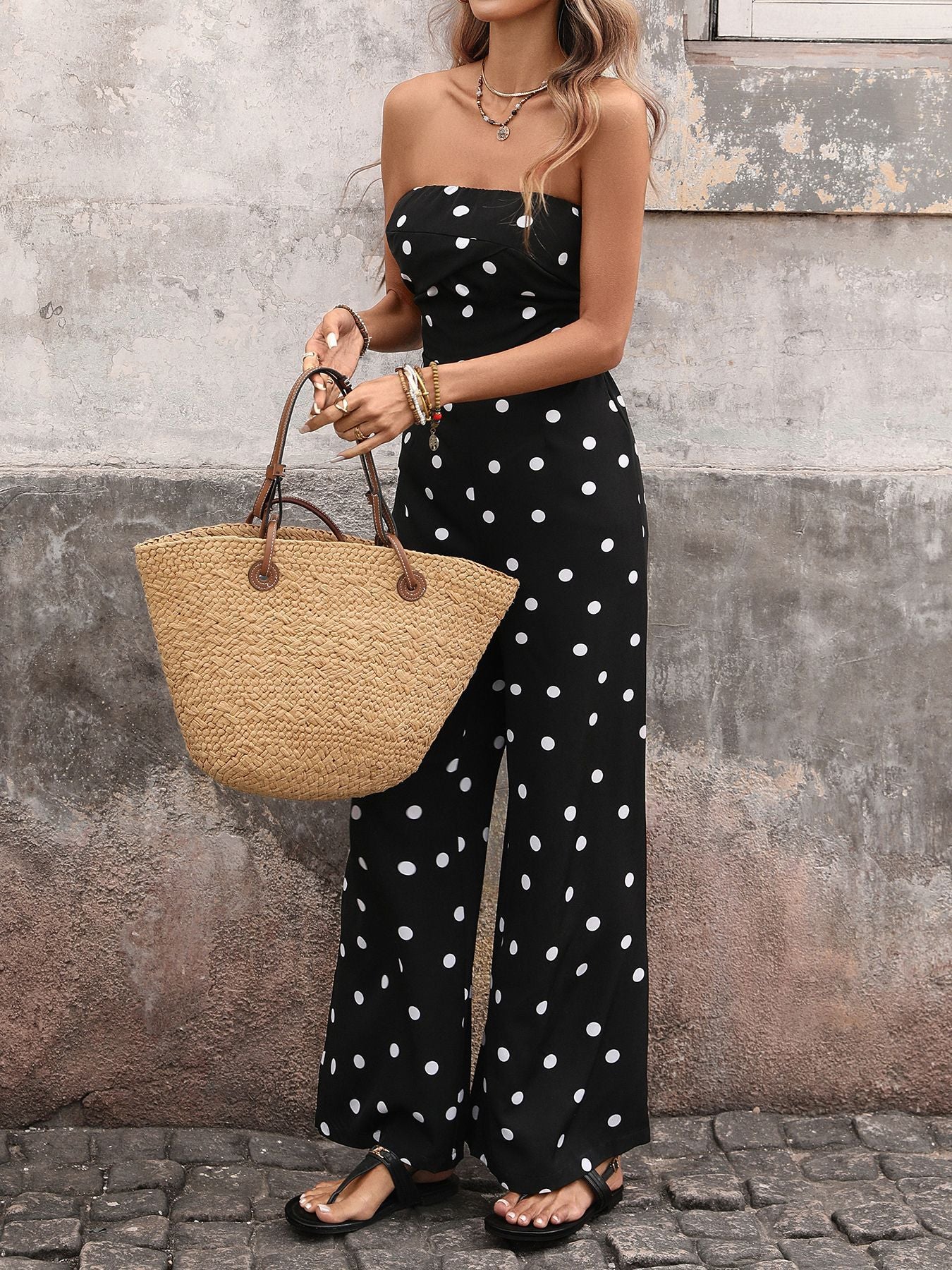 Women’s Polka Dot Strapless Wide Leg Jumpsuit