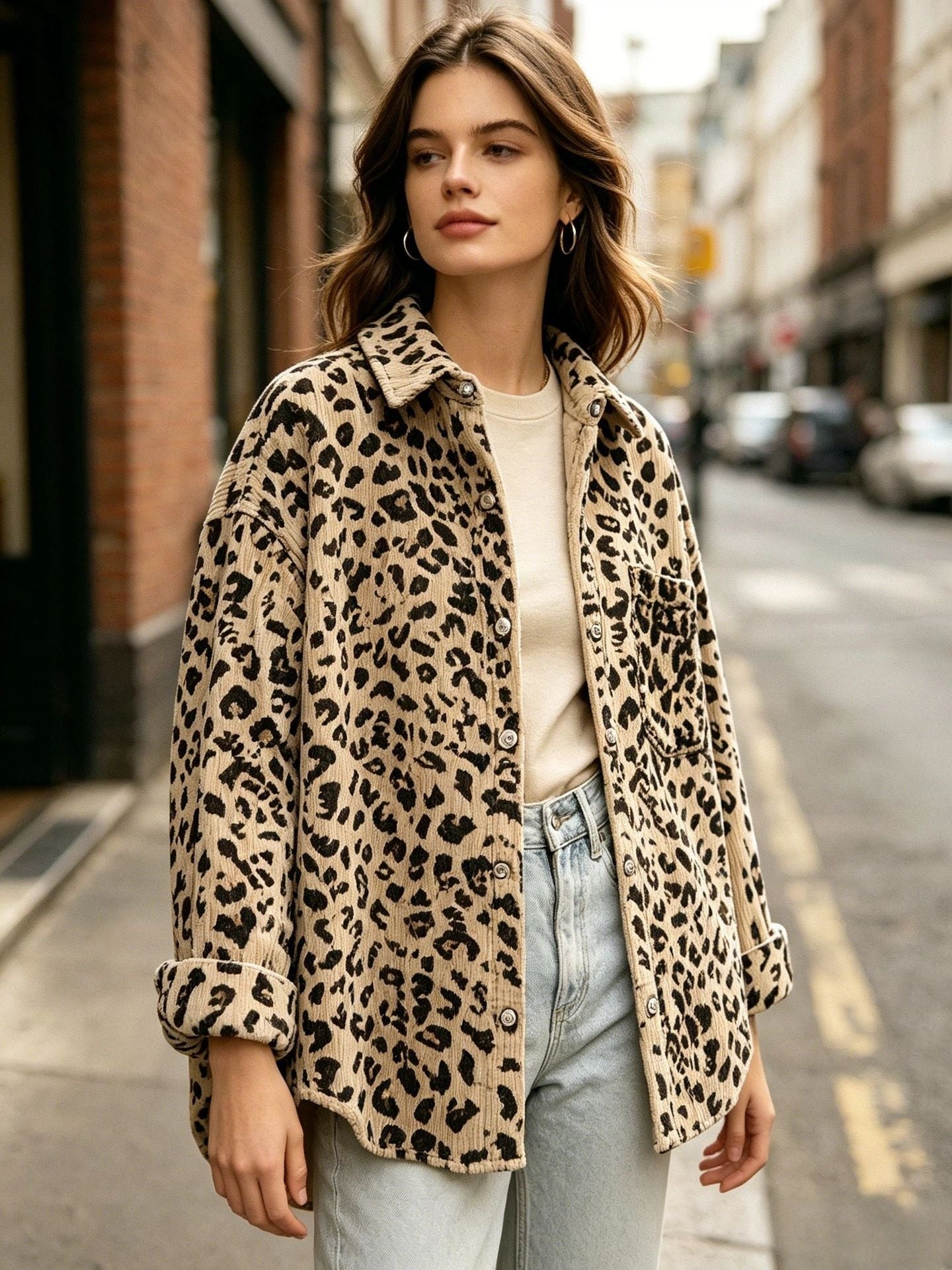 Leopard Print Corduroy Oversized Button Up Shirt