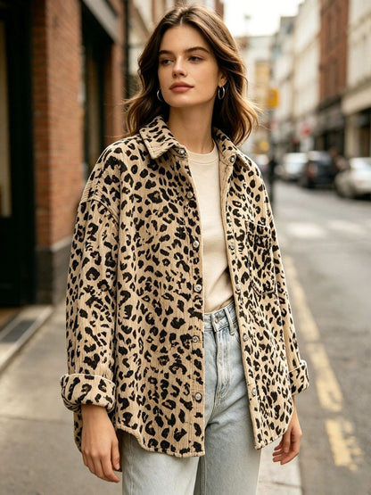 Leopard Print Corduroy Oversized Button Up Shirt