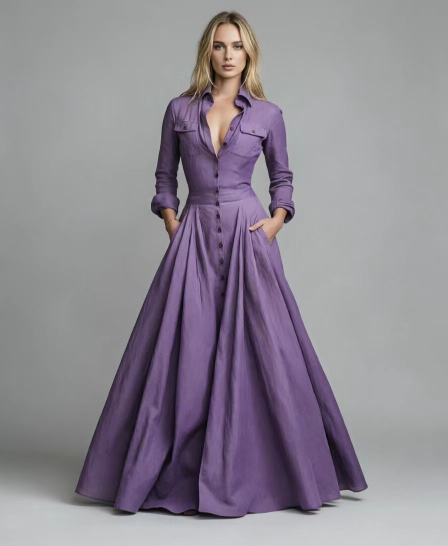 Women's Long Sleeve Collared Maxi Dress A-Line with Pockets