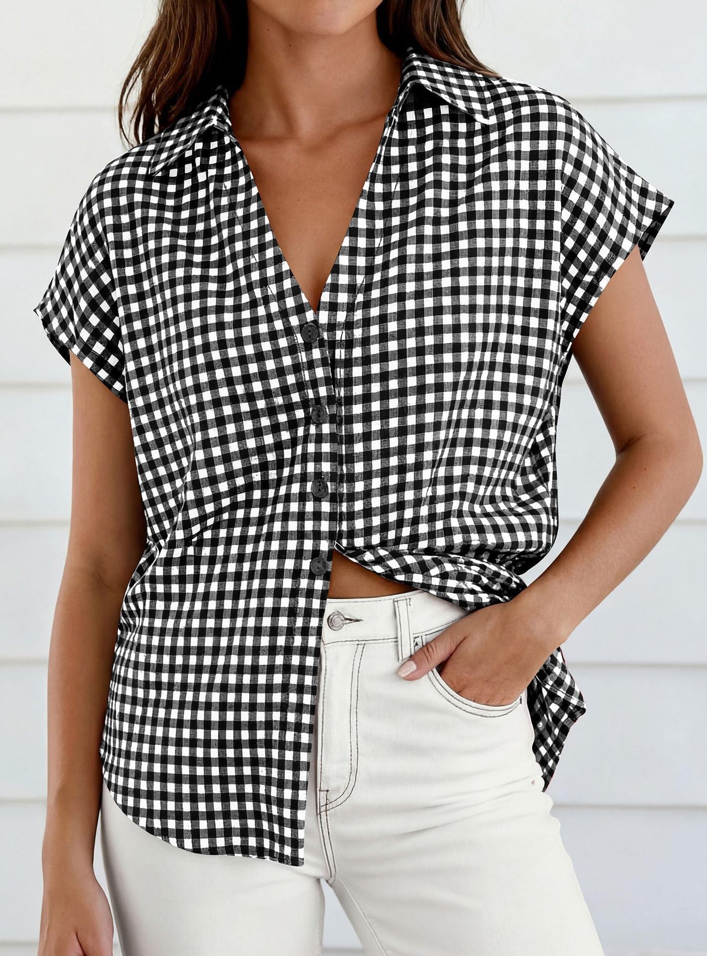 Gingham Button Down Short Sleeve Loose Fit Blouse