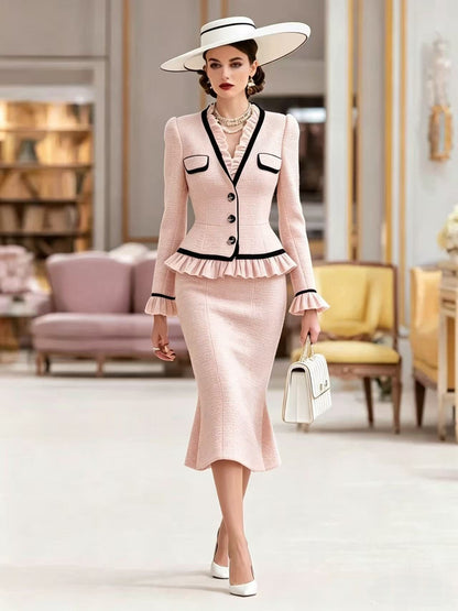 Elegant Colorblock Peplum Jacket Midi Skirt Matching Set