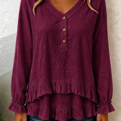 Women's V Neck Ruffle Long Sleeve Tiered Blouse