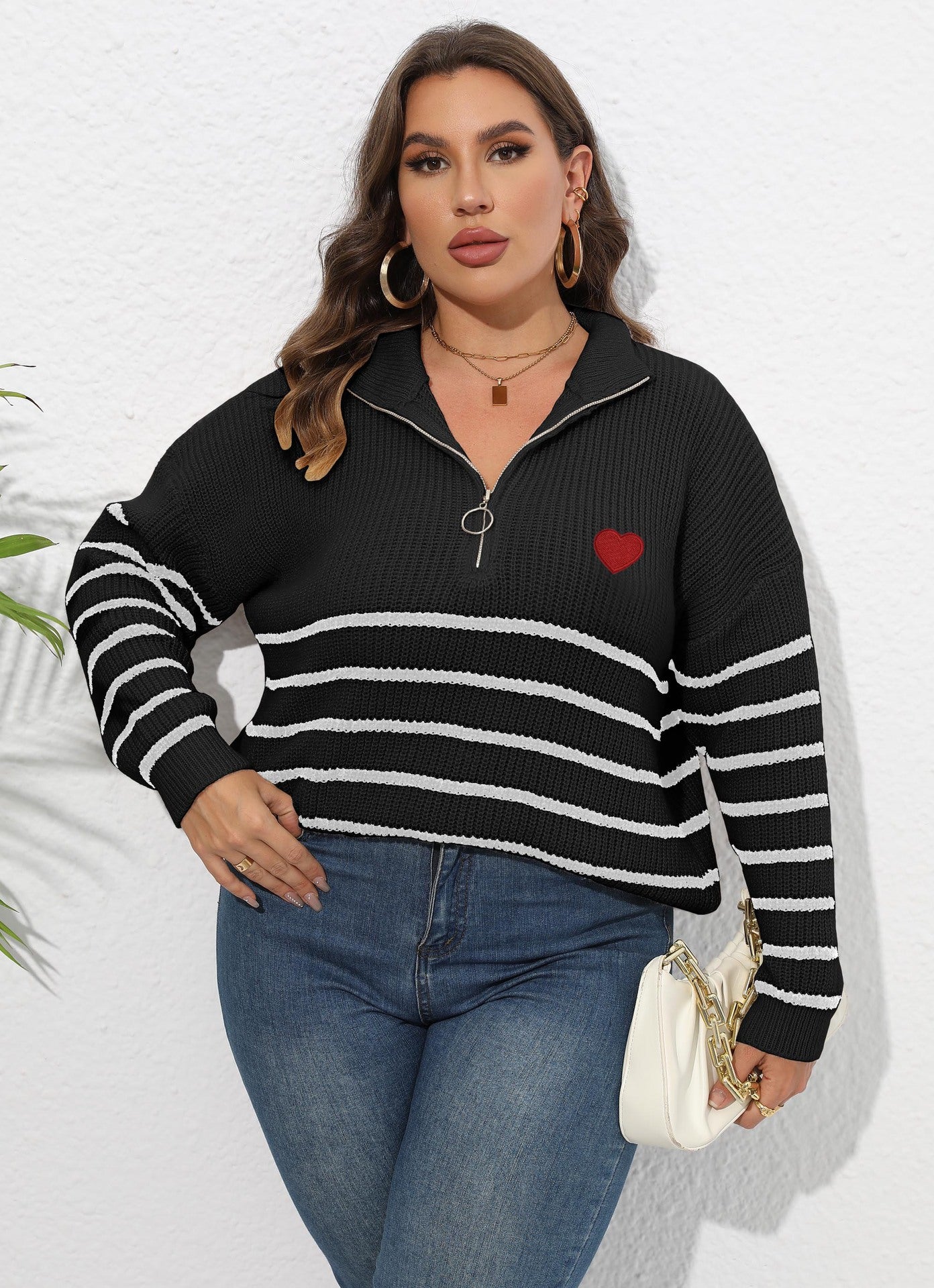 Women's Striped Splicing Love Zipper Pullover Sweater