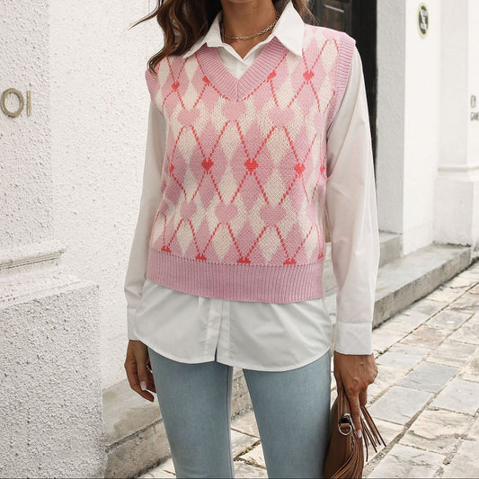 Y2K Argyle Heart V Neck Sweater Vest Women Oversized