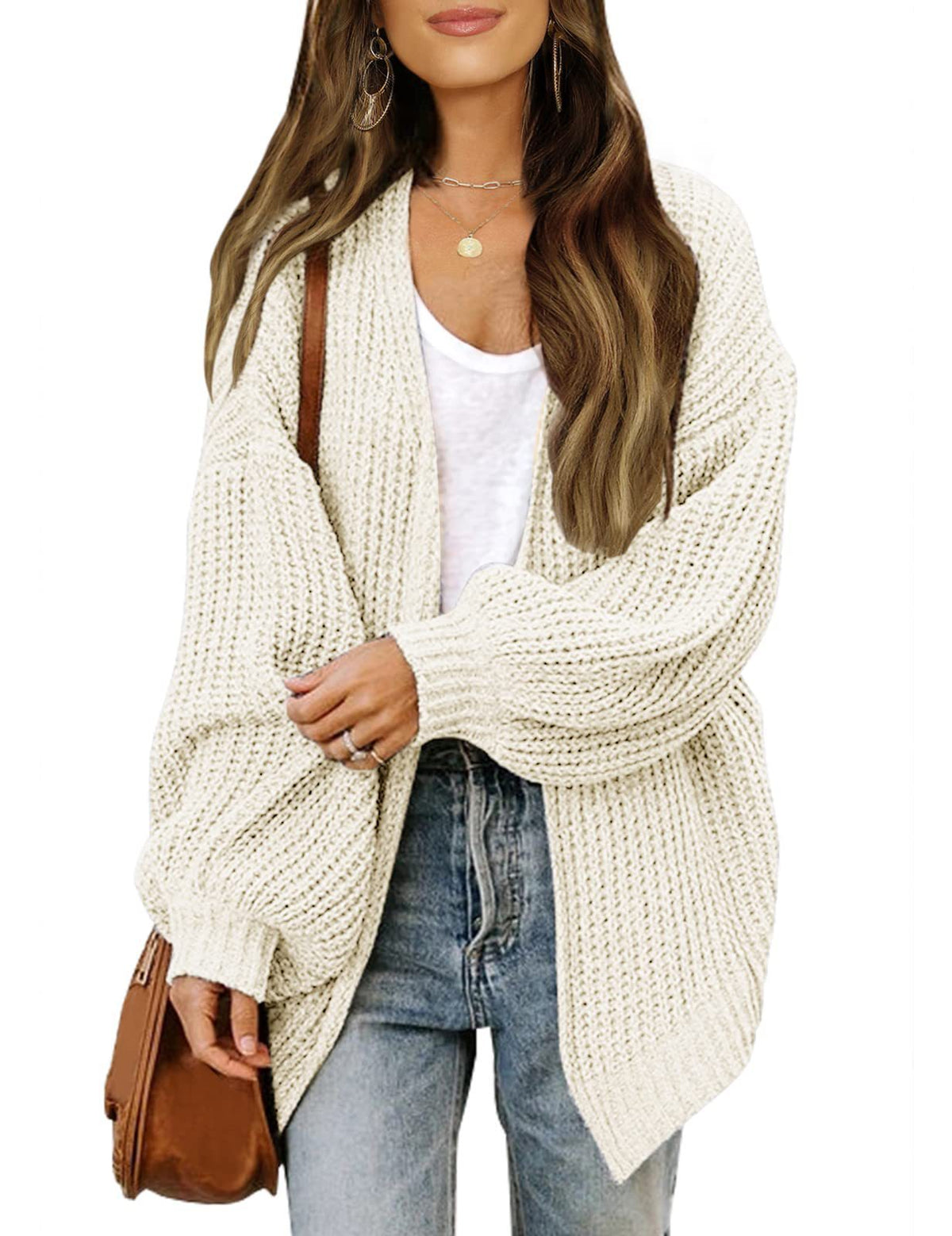 Women's Chunky Knit Balloon Sleeve Open Front Cardigan