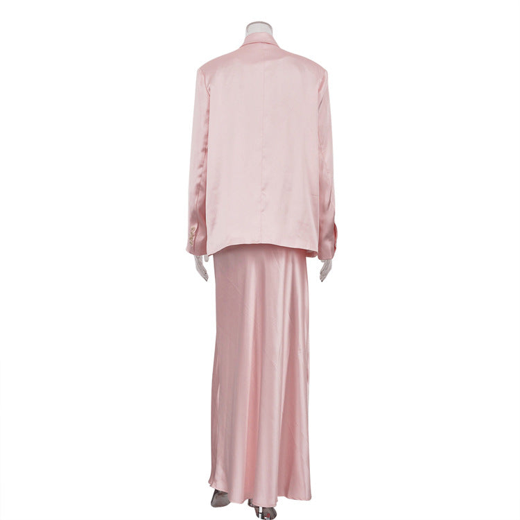 Women's Satin Blazer Maxi Skirt Two Piece Set