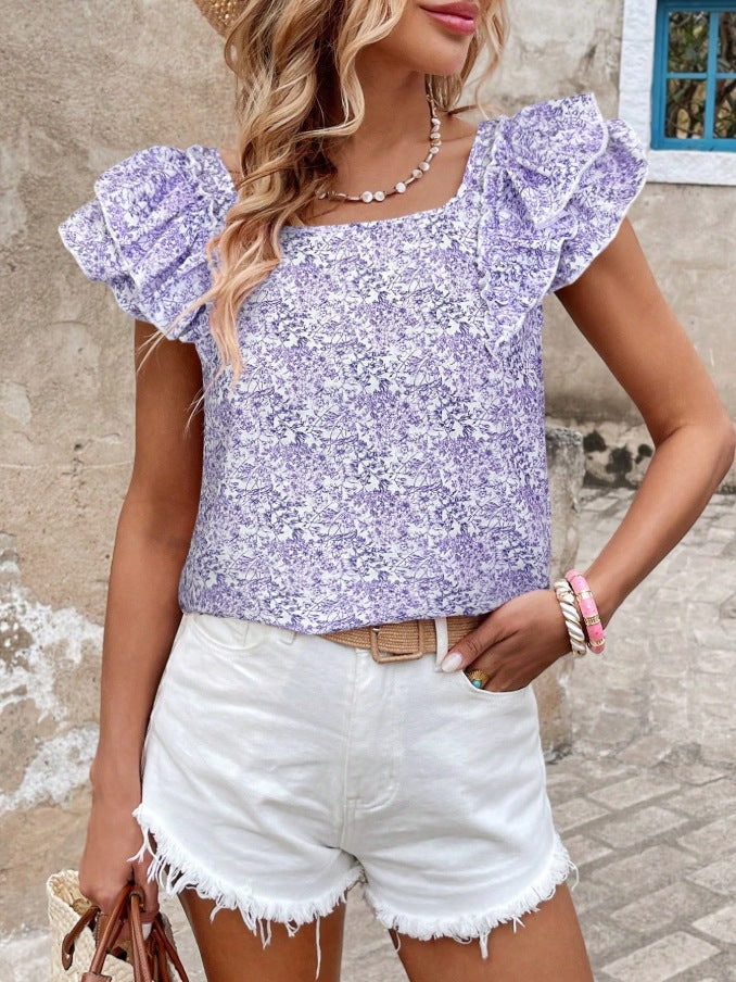 Floral Print Flutter Sleeve Blouse Square Neck Summer Top