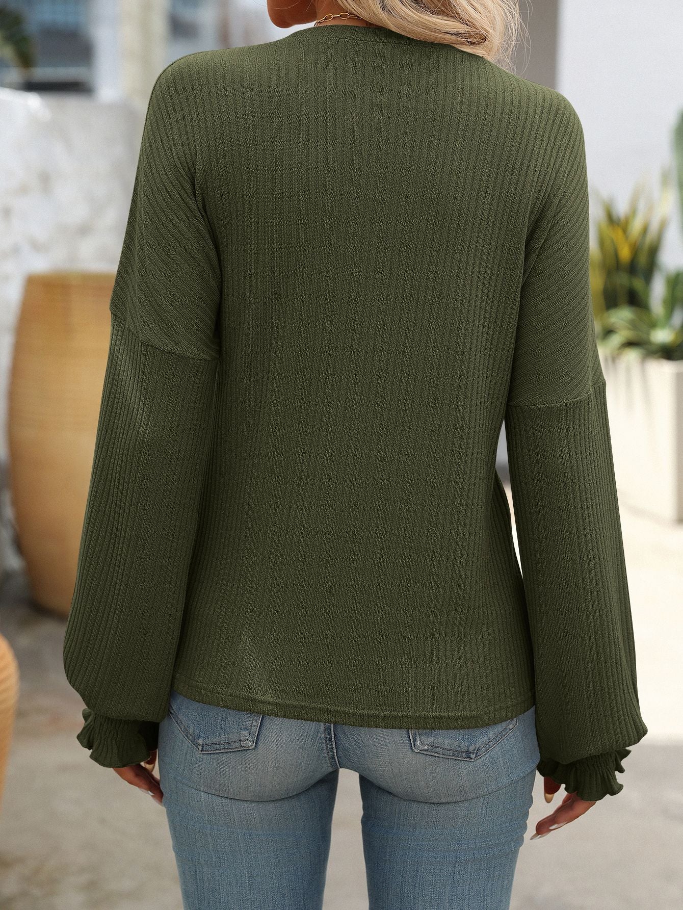 Women’s Ribbed Knit Crewneck Top with Smocked Cuffs