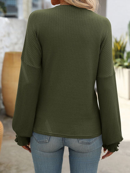 Women’s Ribbed Knit Crewneck Top with Smocked Cuffs