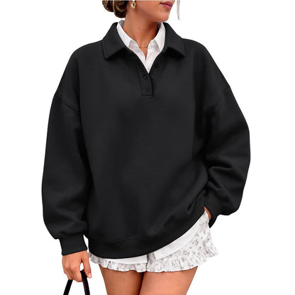 Polo Collar Fleece Pullover Relaxed Fit Sweatshirt