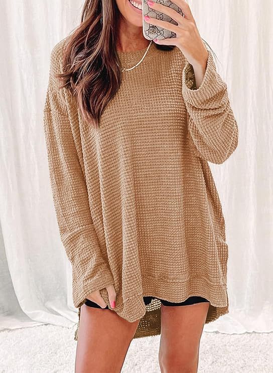 Oversized Waffle Knit Crew Neck Side Slit Long Sleeve Tunic