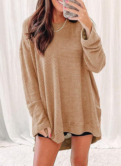 Oversized Waffle Knit Crew Neck Side Slit Long Sleeve Tunic
