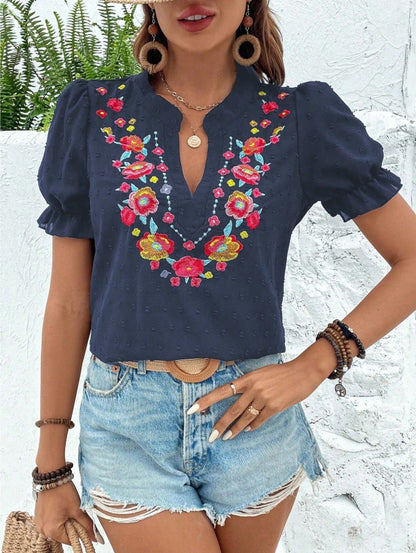 Floral Embroidered Puff Sleeve V Neck Chiffon Blouse