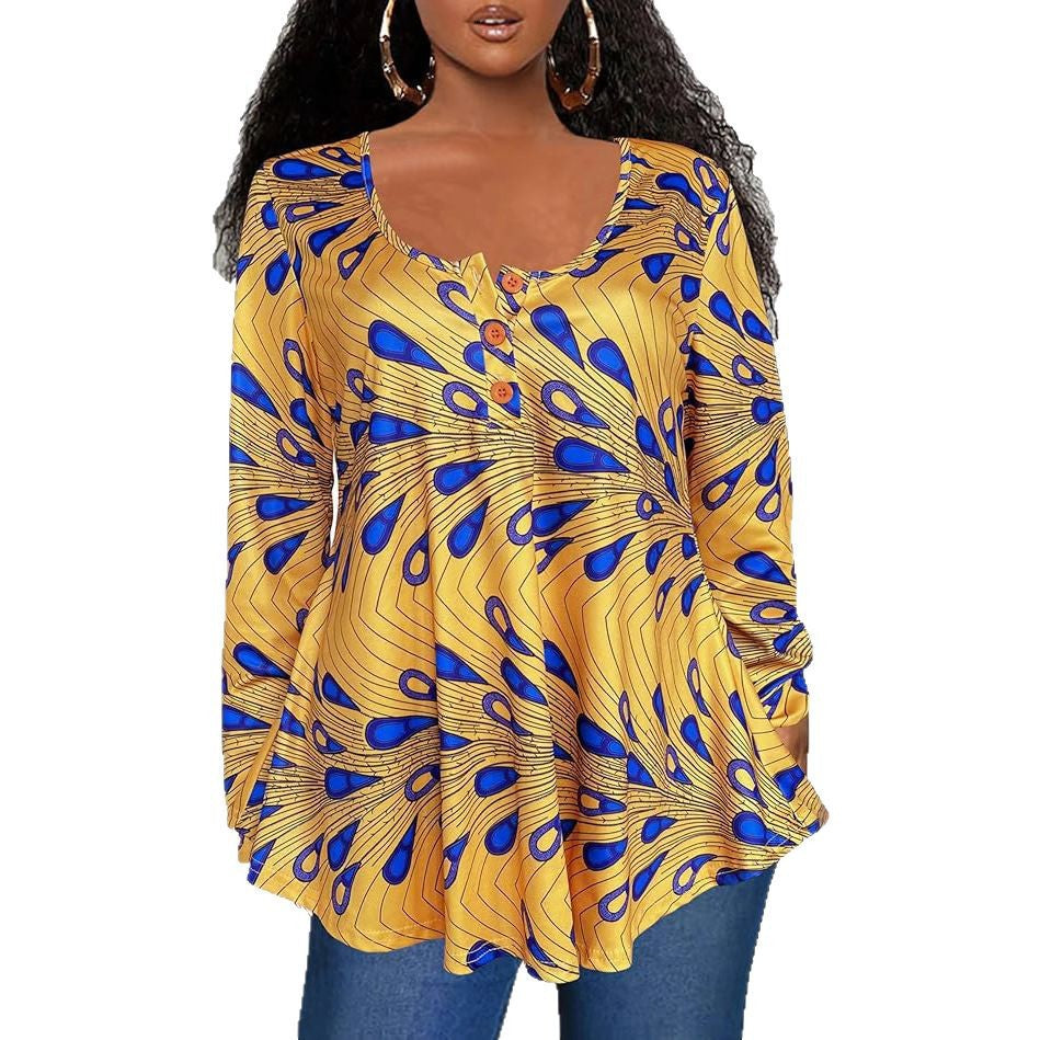 Plus Size African Print Long Sleeve Henley Tunic Top