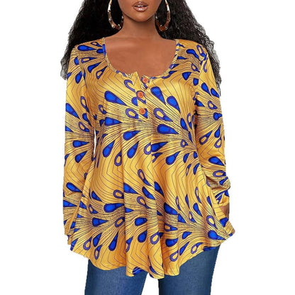 Plus Size African Print Long Sleeve Henley Tunic Top
