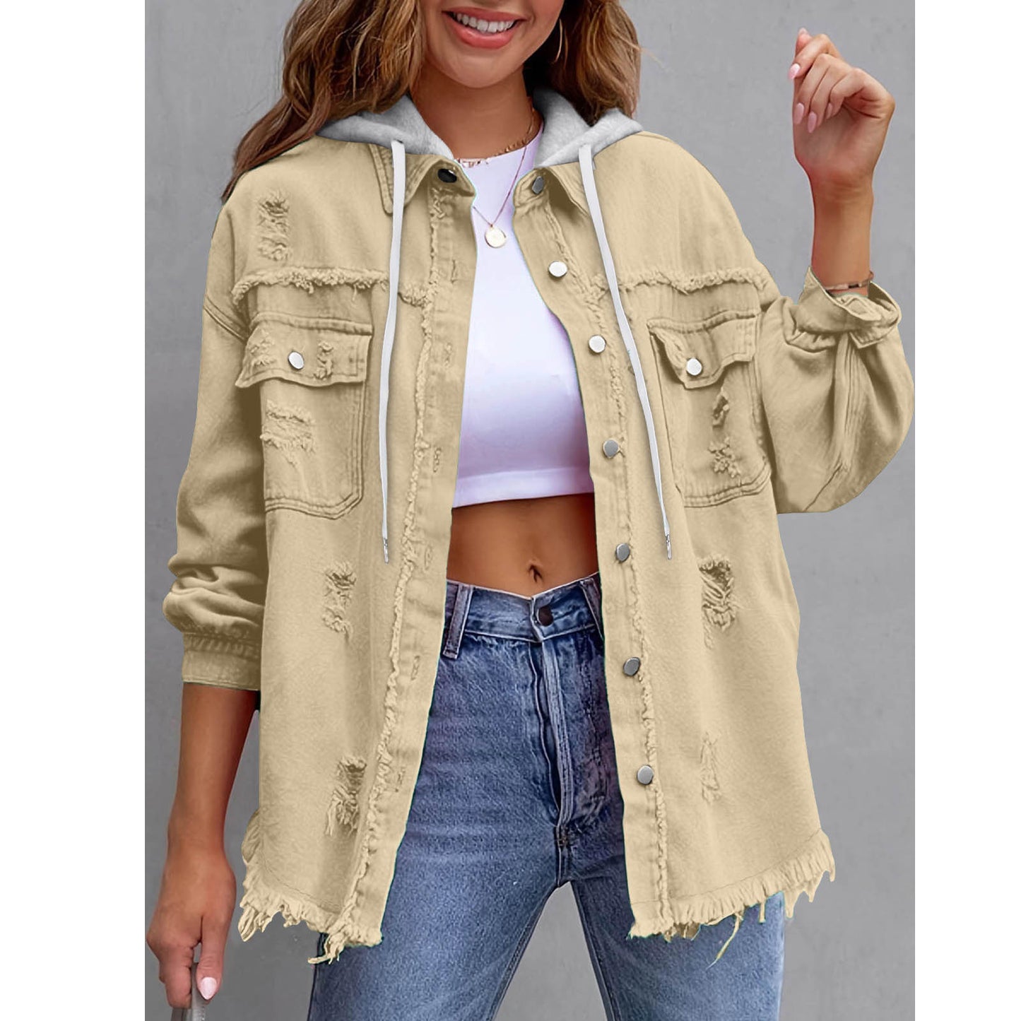 Distressed hooded denim jacket oversized fit