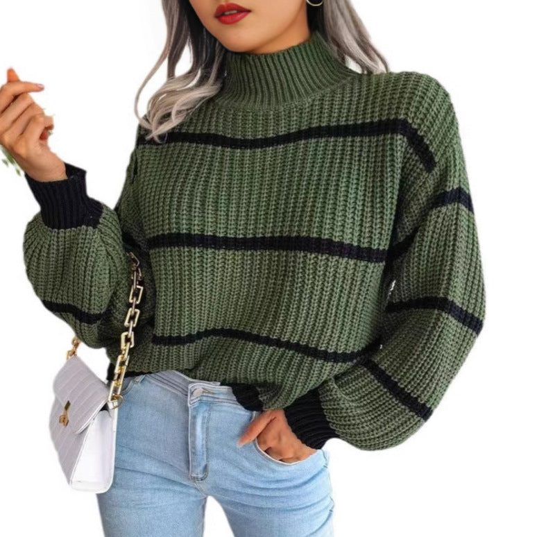 Women's Chunky Striped Mock Neck Balloon Sleeve Sweater