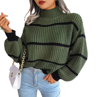 Women's Chunky Striped Mock Neck Balloon Sleeve Sweater