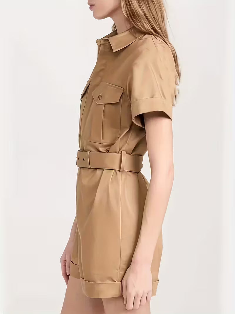 Women's Belted Utility Romper Short Sleeve Cargo Jumpsuit