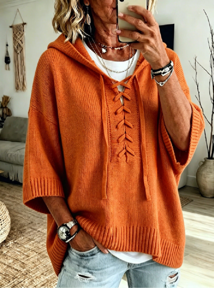 Womens Oversized Hooded Sweater Lace-Up 3/4 Sleeve Pullover