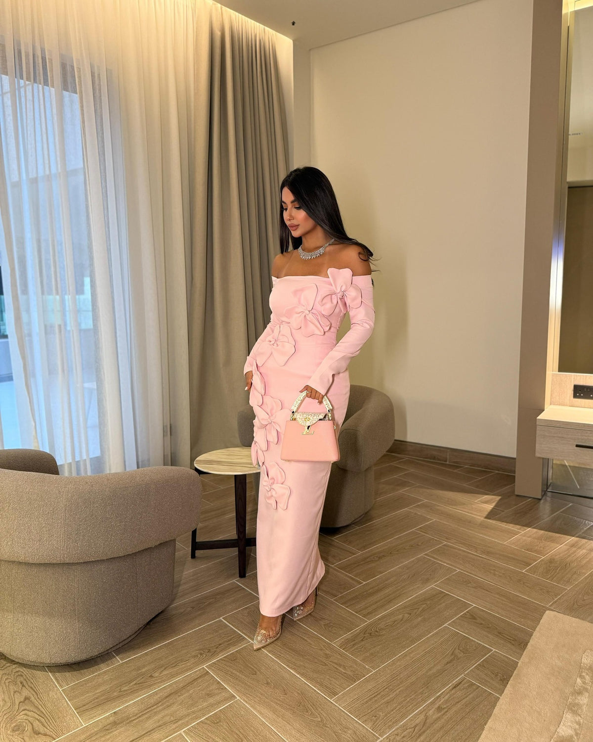 Pink Off Shoulder Long Sleeve Floral Bodycon Maxi Dress
