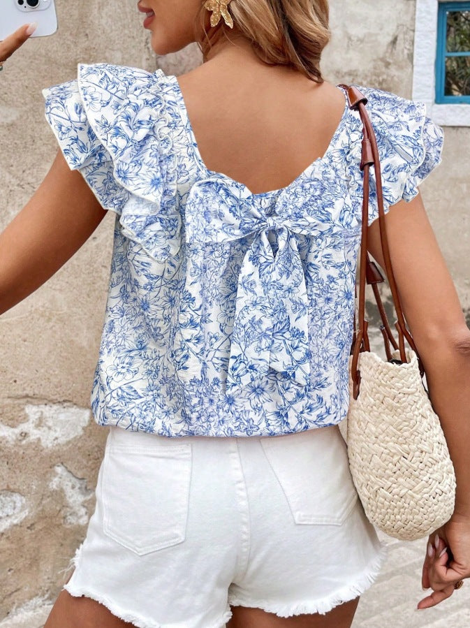 Floral Print Flutter Sleeve Blouse Square Neck Summer Top