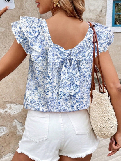 Floral Print Flutter Sleeve Blouse Square Neck Summer Top