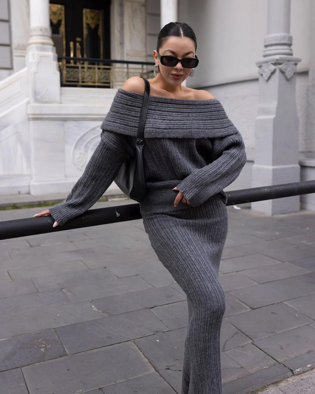 Off Shoulder Knit Sweater & Maxi Skirt Two Piece Set