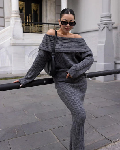 Off Shoulder Knit Sweater & Maxi Skirt Two Piece Set