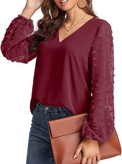 Women's V-Neck Chiffon Blouse Textured Puff Sleeve Top